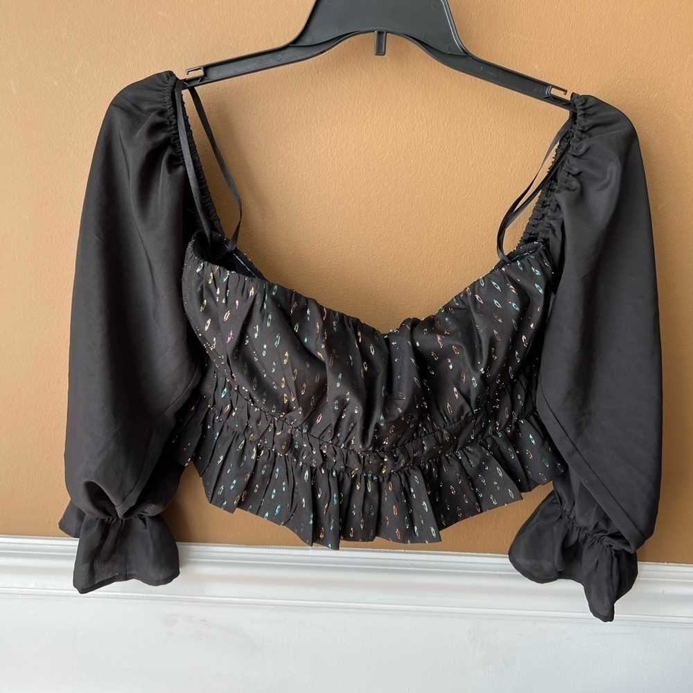 Lovers + Friends Black Off-Shoulder Puff Sleeve Crop Top Rainbow Metallic Size L